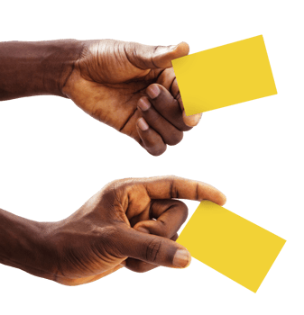 closeup of Black hands holding blank yellow cards isolated on transparent background.  male hand holding blank paper card, Card template, clip mask png