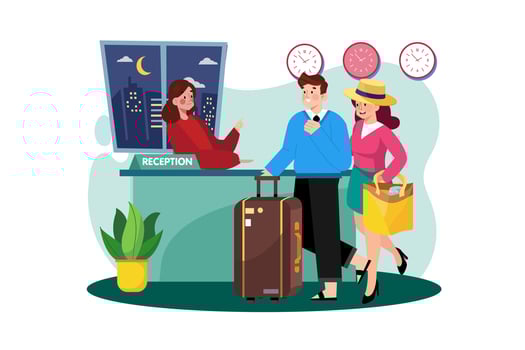 Couple books hotel for vacation. vector