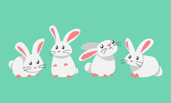 set of cute rabbits in cartoon style in different poses. animal,, pet, celebration. vector flat graphic.