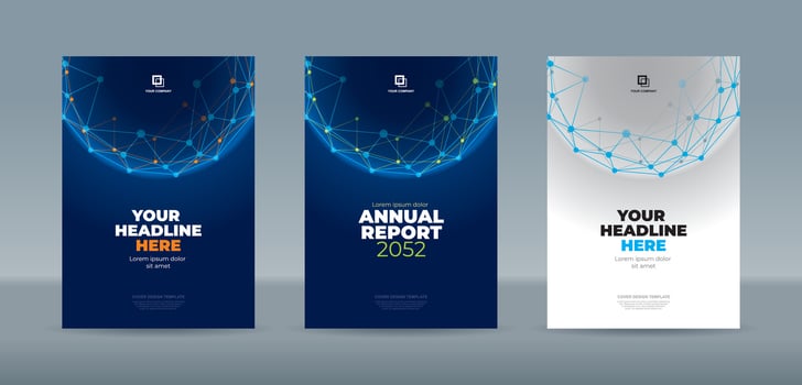 Random green and orange dots connected by lines form a polygonal globe on a dark blue background. A4 size book cover template for annual report, background, banner, book, brochure, business, catalog vector