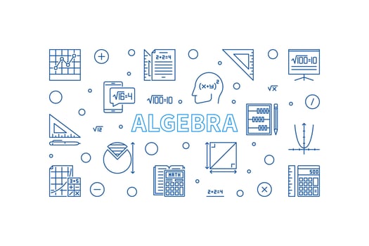 Algebra concept outline horizontal blue banner - vector illustration