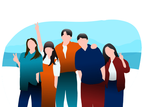 This flat illustration depicts a group of five men and women joyfully posing at the beach. They are seen having a great time against a backdrop of sand, sea, and a blue sky. png