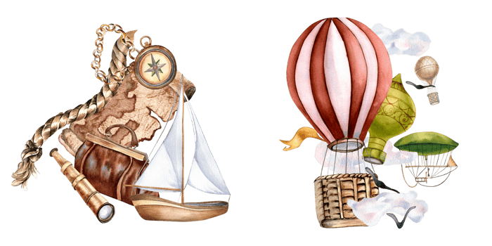 Composition of ancient map, air transport watercolor illustration. Compass, sailboat, handle bag, aircraft, ship hand drawn. Childish design, element for boy's print, postcard. png