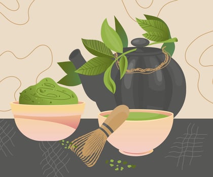 Card or banner background with utensils for Matcha green tea brewing including teapot and fresh green leaves, flat vector illustration. Japanese or Chinese asian Matcha tea drink.