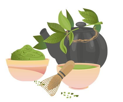 Tableware and leaves of matcha green tea drinking ceremony, flat vector illustration isolated on white background. Japanese or Chinese shredded matcha green tea leaves and cups of hot drink.