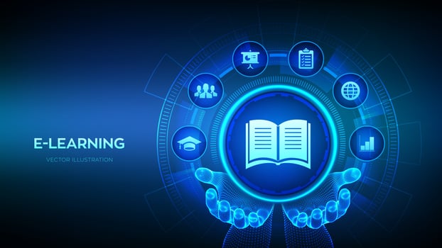 E-learning icon in wireframe hands. Innovative online education and internet technology concept. Webinar, teaching, online training courses. Skill development. Vector illustration.