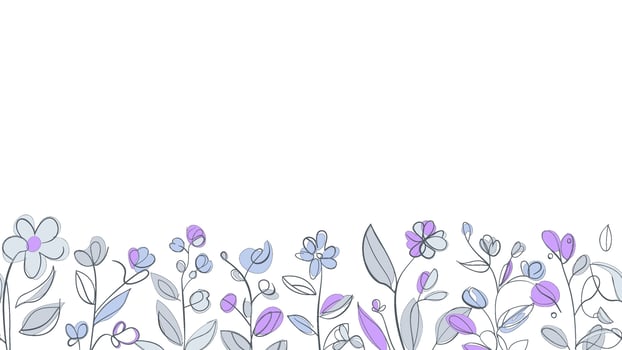 Spring Colorful botanical flat vector Horizontal illustration on white background. Banner floral backdrop decorated with gorgeous multicolored blooming flowers and leaves border.