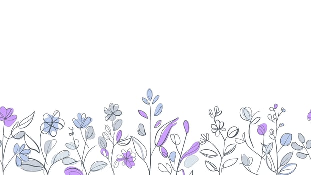Spring Colorful botanical flat vector Horizontal illustration on white background. Banner floral backdrop decorated with gorgeous multicolored blooming flowers and leaves border.