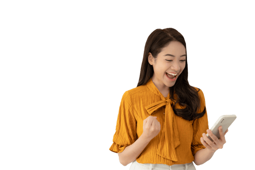 Happy woman, Portrait of smiling Asia girl using mobile phone, freelance, out site, research, copy space, happy cheerful cute business, positive energy, female executive, attractive, expression, png