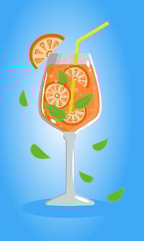 Summer citrus orange cocktail. Bright refreshing drink for parties. Glass goblet and slices of orange and mint leaves. Turquoise background vector