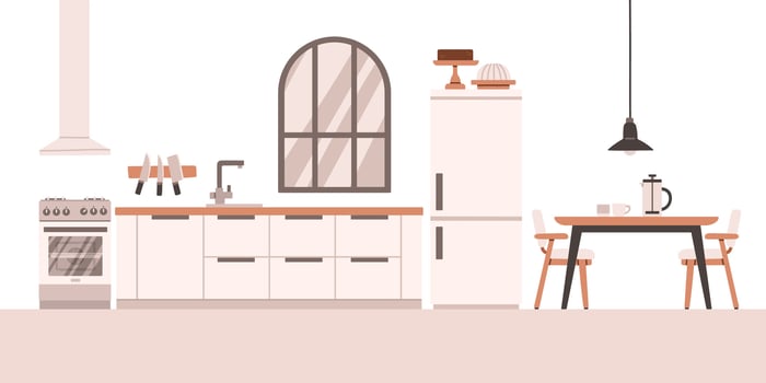 Kitchen with furniture. Cozy kitchen interior with table, stove, cupboard, dishes and fridge. Flat style vector illustration.