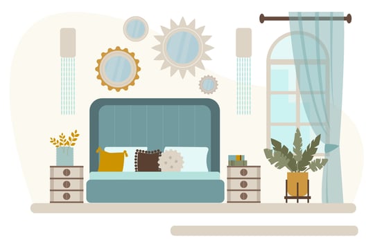 Vector illustration of bedroom interior with furniture and window. Flat style.