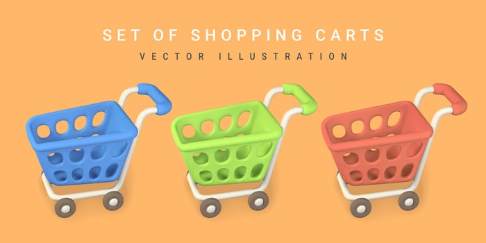 3d empty red, green and blue shopping carts. Shopping concept. Vector illustration