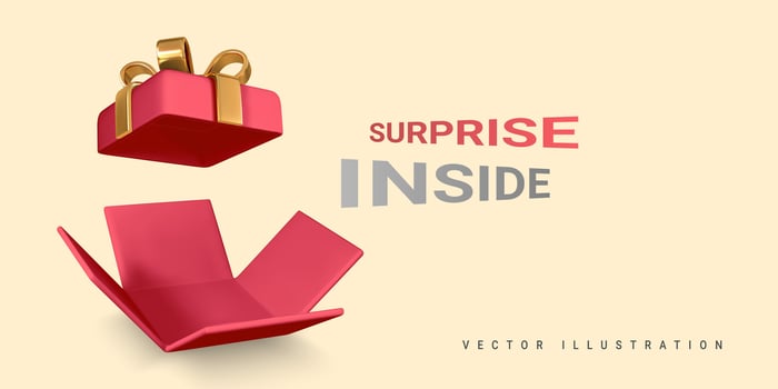 3D render and draw by mesh realistic red Gift Box on light yellow background. Surprise inside. Vector illustration