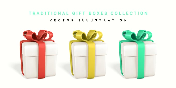 3D render realistic gift box with bow. Paper box with color ribbon and shadow isolated on white background. Vector illustration