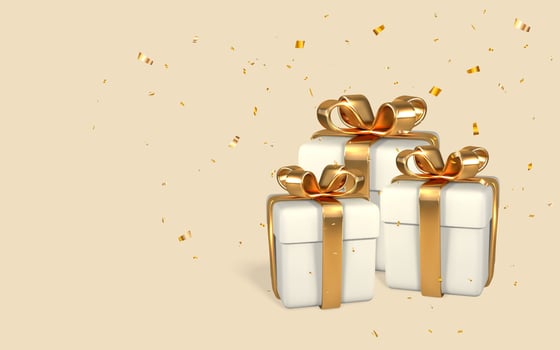 3D render and draw by mesh realistic white gift boxes with golden bows and confetti on light background. Vector illustration
