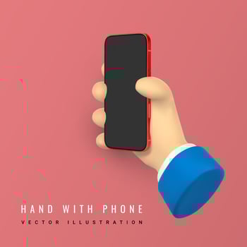 Cartoon character hands with smart phone, scrolling or searching for something. 3d render hand businessman in suit. Vector illustration
