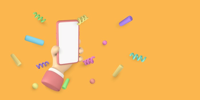 3D Cute cartoon character hand holding mobile smart phone with confetti flying around. Vector illustration
