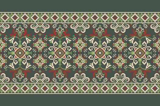Floral Cross Stitch Embroidery on green background.geometric ethnic oriental pattern traditional.Aztec style abstract vector illustration.design for texture,fabric,clothing,wrapping,decoration,sarong.