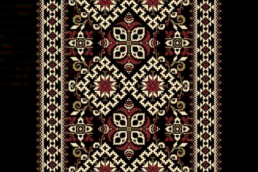 Floral Cross Stitch Embroidery on black background.geometric ethnic oriental pattern traditional.Aztec style abstract vector illustration.design for texture,fabric,wrapping,clothing,decoration,scarf.