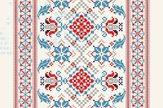 Floral Cross Stitch Embroidery on white background.geometric ethnic oriental pattern traditional.Aztec style abstract vector illustration.design for texture,fabric,clothing,wrapping,decoration,scarf.