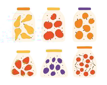 A set of jars with homemade jam. Vector illustration in a flat style. Hand drawn homemade fruit marmalade.