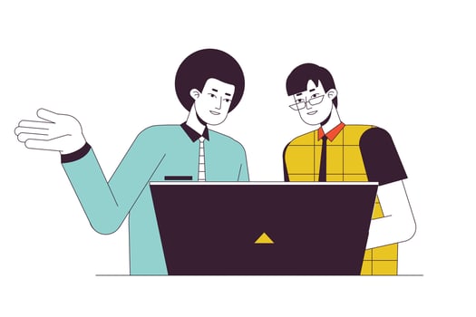 Corporate trainer training job intern flat line color vector characters. Editable outline half body people on white. Co-workers collaboration simple cartoon spot illustration for web graphic design