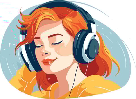 cute girl listening to music peacefully illustration, joyful girl listening to music vector