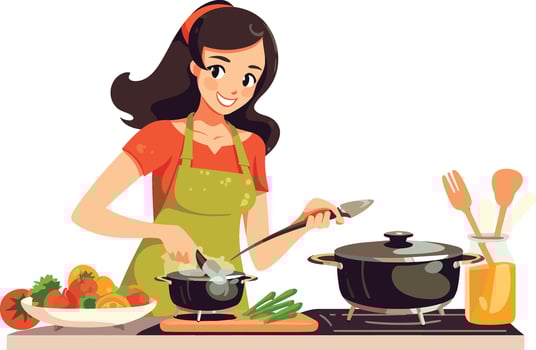 Healthy Eating Woman Cooking a Nutritious Meal with Fresh Vegetables in a Well-Equipped Kitchen vector