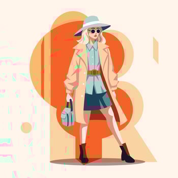 Stylish girl in a hat and coat holds a handbag. Fashion illustration of women clothing. Autumn clothing design. Stylish abstract background with geometric shapes vector
