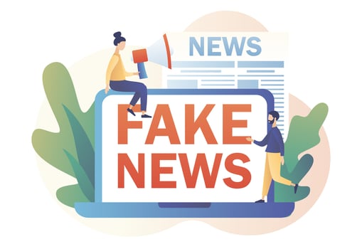Fake news metaphors. Tiny people read online newspaper. Mass media, hot online information, propaganda newscast. Modern flat cartoon style. Vector illustration on white background