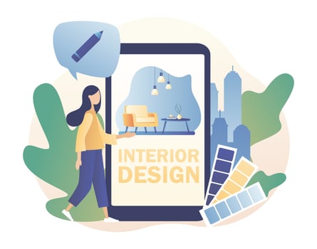Interior design studio concept. Tiny girl designer designing interior decorations in mobile app. House decoration service. Modern flat cartoon style. Vector illustration on white background