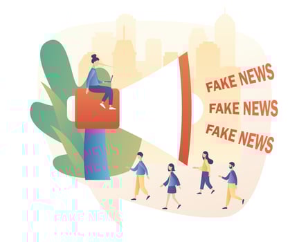Fake news metaphors. Tiny people and big megaphone with Fake News text. Mass media, hot online information, propaganda newscast. Modern flat cartoon style. Vector illustration on white background