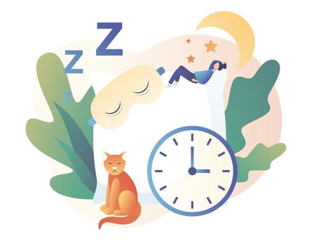 Sleep control. Sweet dreams. Sleep time. Good health and work of biological rhythms. Tiny woman sleeps in mask on a huge pillow. Modern flat cartoon style. Vector illustration on white background