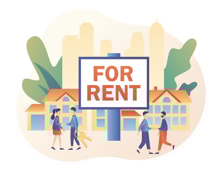 Big sign House for sale. Real estate business concept with houses. Tiny real estate agents or broker shaking hands with people. Modern flat cartoon style. Vector illustration on white background