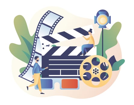 Online cinema concept. Mobile movie theater. Tiny people watching movie with popcorn,3d glasses and video attributes. Cinematography. Modern flat cartoon style. Vector illustration on white background