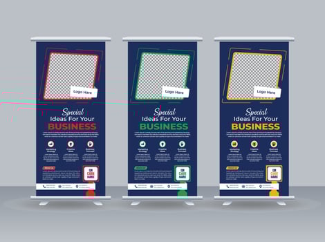 Modern  Roll Up Banner Design Stand Template in multiple eye catching color Red, Blue and yellow  for Business corporation or agency with presentation vector