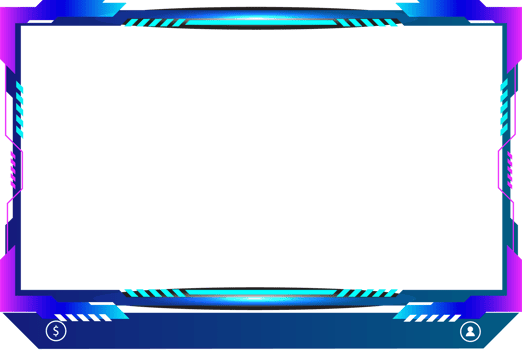 Live screen border and button decoration png for gamers. Screen overlay panel design with blue and purple colors. Broadcast streaming screen overlay png with modern shapes.