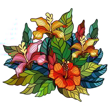 Hibiscus flowers and leaves in stained glass technique vector