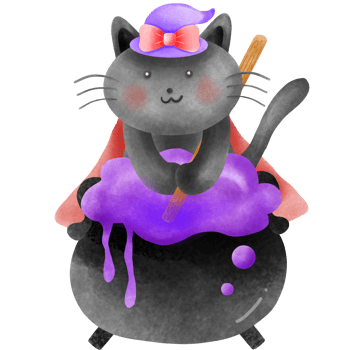 Black cat preparing a witchy potion for Halloween. png