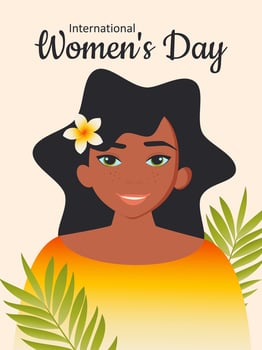 Happy Women's Day March 8th. A woman with a plumeria flower smiles happily. Cute vertical poster for the spring holiday. Vector. vector