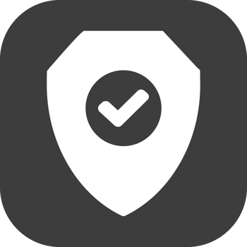 Shield check mark icon in black square. png