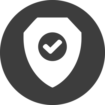 Shield check mark icon in black circle. png