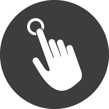 Hand pointing icon in black circle. png