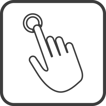 Hand pointing icon in thin line black square frames. png