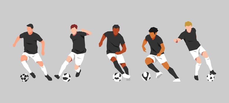 group of soccer athletes dribbling a ball. with different poses, gestures, skin color. sport, activity, diversity concept. suitable for print, poster, sticker. graphic flat vector set