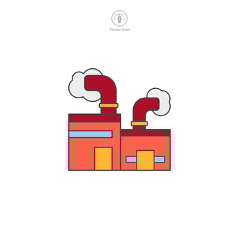 Factory icon vector is a stylized depiction of an industrial complex. It represents production, manufacturing, industry, or businesses