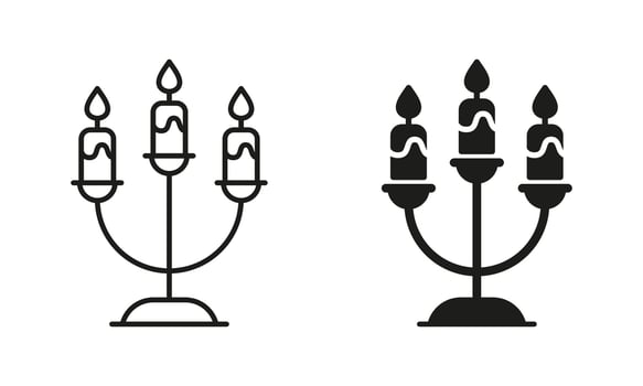 Candlestick with Burning Candles Line and Silhouette Black Icon Set. Decor for Halloween Pictogram. Candle Holder with Flame for Religion, Christmas, Hanukkah. Isolated Vector Illustration.