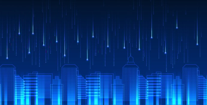 Smart city with laser light coming down Represents a smart city that takes advantage of modern technology and innovation. The living and business of the city grew rapidly. vector