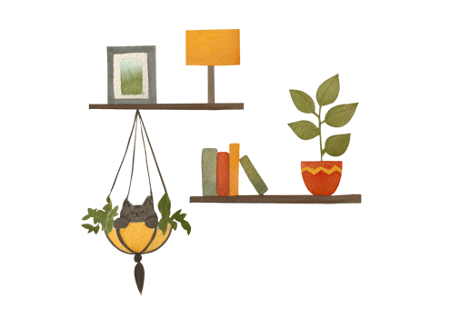 set of watercolor elements on transparent background for scrapbooking and interior design. cat is sitting, on wooden shelf there are books, flower in pot, table lamp, vase with fruit and watering can png